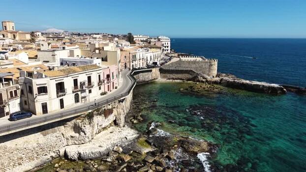 Aerial view of the historic waterfront of Ortigia island Italy.