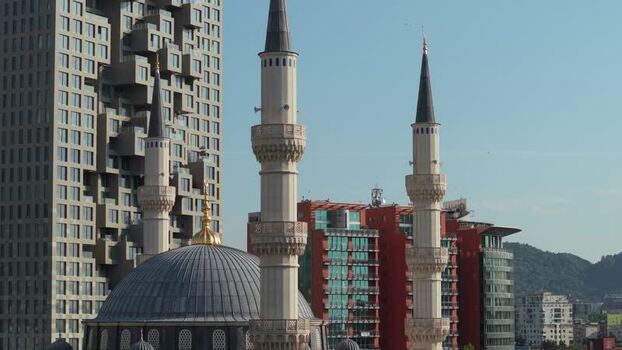 Aerial view of the Great Mosque and modern skyscrapers Albania.