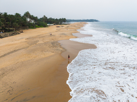 Aerial view of a long sandy coastline with rolling waves lush palm trees and people walking along the shore in Galle Southern Province Sri Lanka.