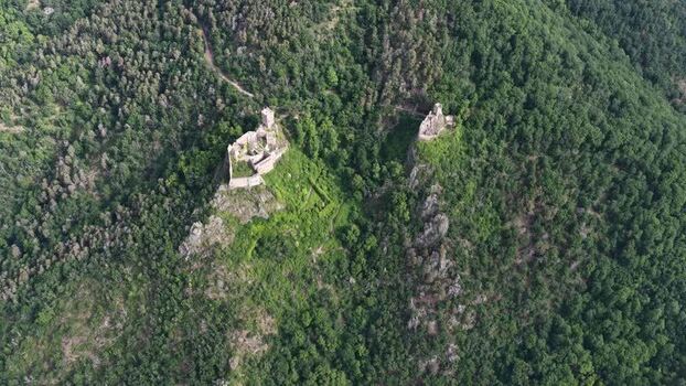 Aerial view of medieval castle ruins in Ribeauville France. Aerial view of medieval castle ruins in Ribeauville France.