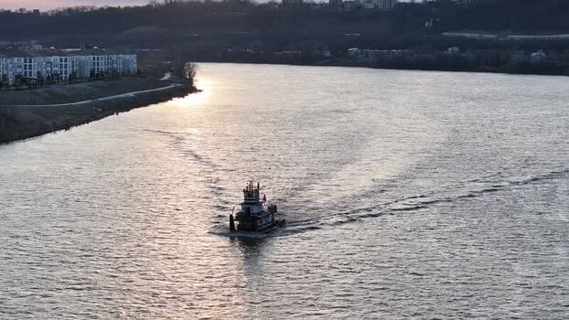 Aerial view of the river with a boat United States. Aerial view of the river with a boat United States.