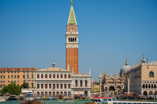 Venice Italy 29 March 2026 View of the iconic St. Mark s Campanile rising high above the historic skyline its warm brick contrasting with the cool blue sky. Venice Italy 29 March 2026 View of the iconic St. Mark s Campanile rising high above the historic skyline its warm brick contrasting with the cool blue sky.