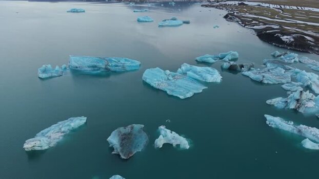 Aerial view of icebergs in Jokulsarlon Glacier Lagoon Iceland.