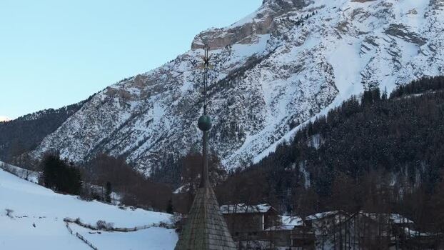 Aerial view of church tower in Graun im Vinschgau Italy. Aerial view of church tower in Graun im Vinschgau Italy.