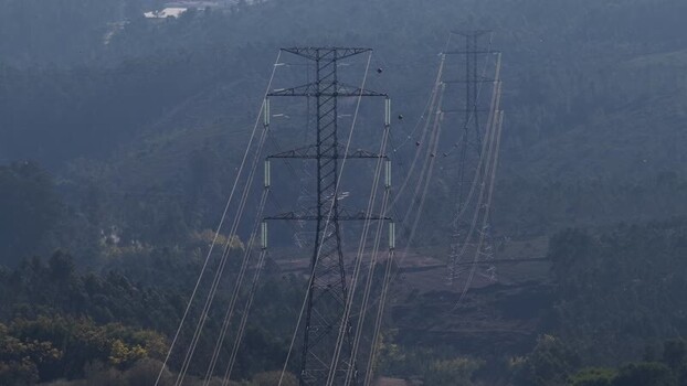 Aerial view of electricity pylons Portugal.