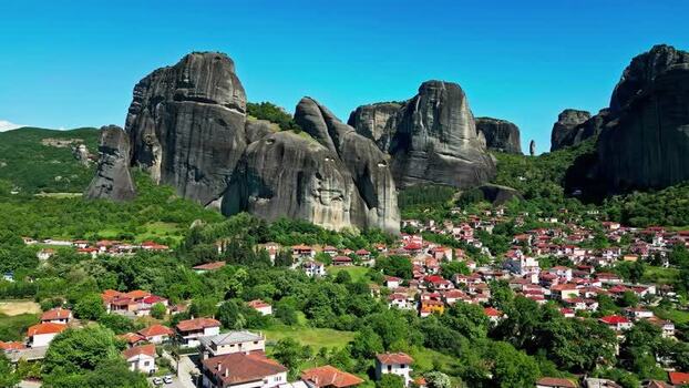 Aerial view of Meteora rock formations and village in Greece.