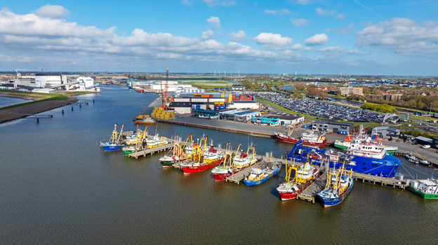 Aerial view of fishing boats docked in the harbor with industrial buildings shipping containers and a parking lot in the background in Harlingen Friesland Netherlands.