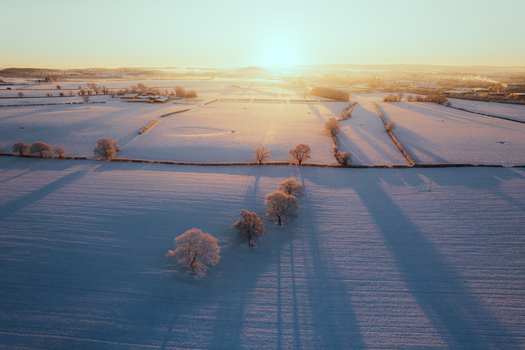 Aerial view of snow covered fields and bare trees casting long shadows across the frozen landscape at sunrise in Marston England United Kingdom. Aerial view of snow covered fields and bare trees casting long shadows across the frozen landscape at sunrise in Marston England United Kingdom.
