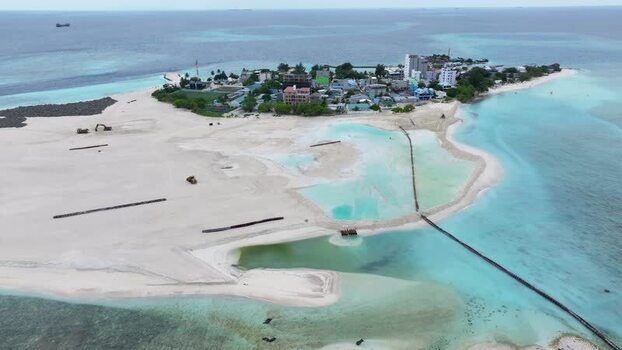 Aerial view of land reclamation on Gulhi island Maldives.