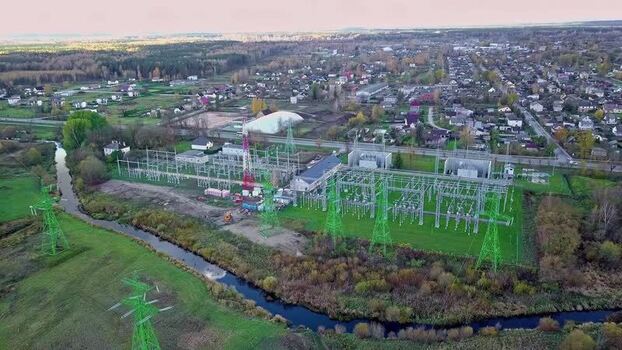 Aerial view of electrical substation in rural Latvia.