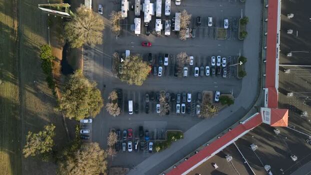 Aerial view of circus tents and vehicles United States. Aerial view of circus tents and vehicles United States.