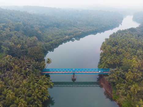 Aerial view of Sadolxem bridge over Talpon river in Canacona in South Goa India.