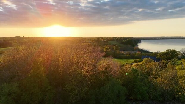 Aerial view of Bockholmwik at sunset over Flensburg Fjord Germany.