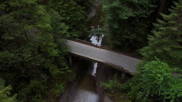 Aerial view of a bridge over a creek in a forest United States. Aerial view of a bridge over a creek in a forest United States.
