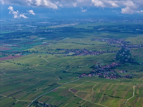 Aerial view of lush green vineyards and small villages spread across the rolling landscape under a cloudy sky in Ribeauville Grand Est France. Aerial view of lush green vineyards and small villages spread across the rolling landscape under a cloudy sky in Ribeauville Grand Est France.