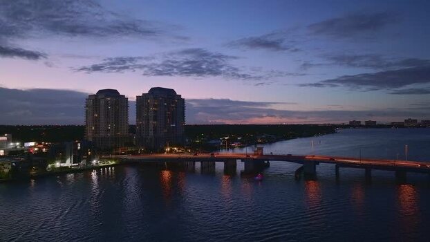 Aerial view of skyline and waters at sunset United States.