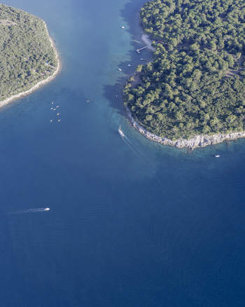 Aerial view of the blue waters of Pjescana Uvala bay with a sailing boat and small vessels navigating near the forested coastline in Pjescana Uvala Pula Istria Croatia.