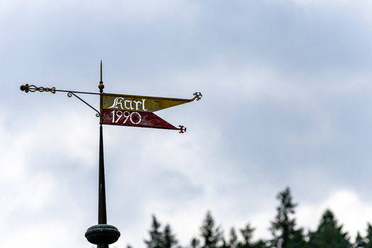 View of a decorative metal weather vane on a historic castle spire with a background of evergreen trees and a cloudy sky in Wierschem Rhineland Palatinate Germany.
