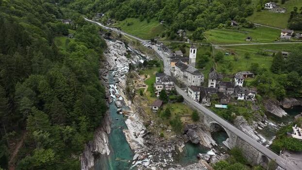 Aerial view of Lavertezzo and Verzasca river Switzerland.
