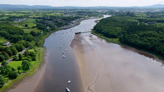 Aerial view of River Moy and boats in Ballina Ireland.