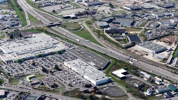 Aerial view of Carrefour shopping mall France.