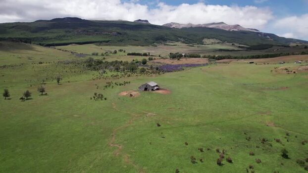 Aerial view of lonely house in green field Chile. Aerial view of lonely house in green field Chile.