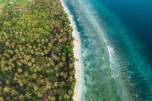 Aerial view of a lush tropical island with dense palm forests white sandy beaches and a vibrant coral reef in Vaikaradhoo Haa Dhaalu Atoll Maldives. Aerial view of a lush tropical island with dense palm forests white sandy beaches and a vibrant coral reef in Vaikaradhoo Haa Dhaalu Atoll Maldives.