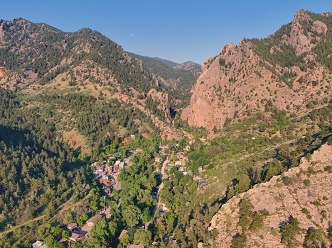 Aerial view of Eldorado Springs nestled in a rocky canyon with lush green trees and rugged cliffs under a clear sky in Eldorado Springs Colorado United States.