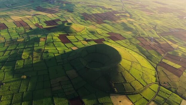 Aerial view of volcanic craters in Terceira Portugal.
