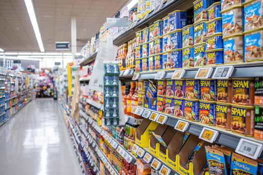Las Vegas United States 02 May 2026 View of supermarket shelves stocked with various varieties of Spam canned meat and other grocery products in a retail store. Las Vegas United States 02 May 2026 View of supermarket shelves stocked with various varieties of Spam canned meat and other grocery products in a retail store.