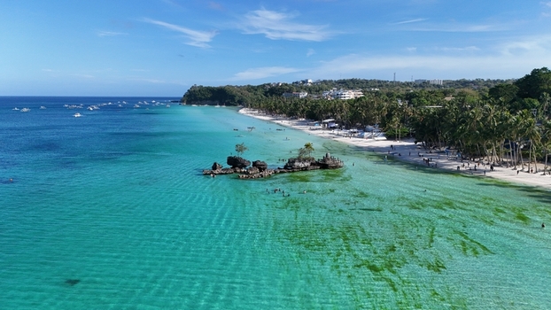 Malay Philippines 01 May 2026 Aerial view of Boracay Island featuring Willy s Rock turquoise waters white sand beach and palm trees. Malay Philippines 01 May 2026 Aerial view of Boracay Island featuring Willy s Rock turquoise waters white sand beach and palm trees.
