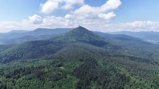 Aerial view of Haut Koenigsbourg Castle on a mountain peak France.