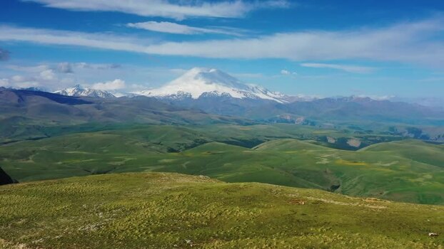 Aerial view of Mount Elbrus from Bermamyt Plateau Russia.