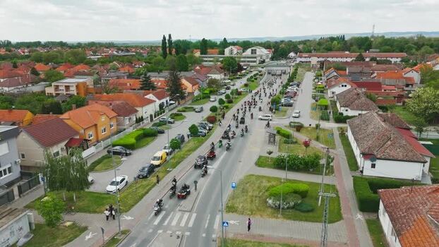 Aerial view of motorcycle parade in Sremska Mitrovica Serbia. Aerial view of motorcycle parade in Sremska Mitrovica Serbia.