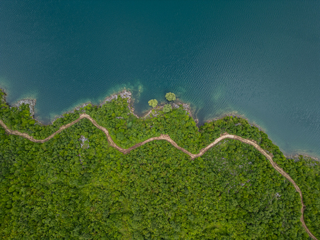 Aerial view of a winding dirt road along the lush green shoreline of Slansko Lake in Niksic Municipality Montenegro. Aerial view of a winding dirt road along the lush green shoreline of Slansko Lake in Niksic Municipality Montenegro.