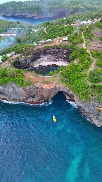Aerial view of Broken Beach and its natural arch Indonesia.