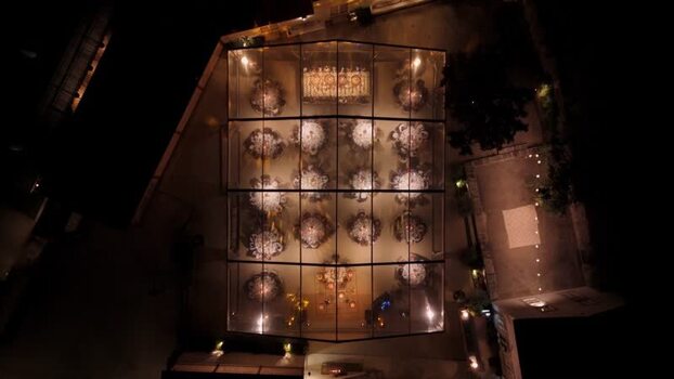 Aerial view of wedding reception in glass tent Portugal.