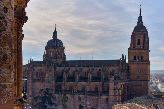 Salamanca Spain 01 December 2025 View of the New Cathedral of Salamanca with its ornate dome and tall bell tower under a bright sky. Salamanca Spain 01 December 2025 View of the New Cathedral of Salamanca with its ornate dome and tall bell tower under a bright sky.