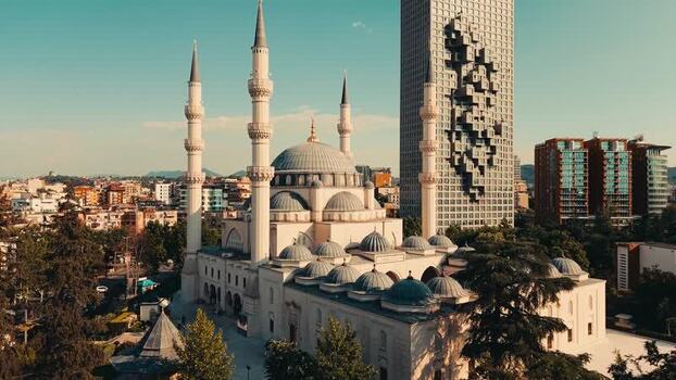 Aerial view of Mosque of Namazgah and city skyline Albania. Aerial view of Mosque of Namazgah and city skyline Albania.