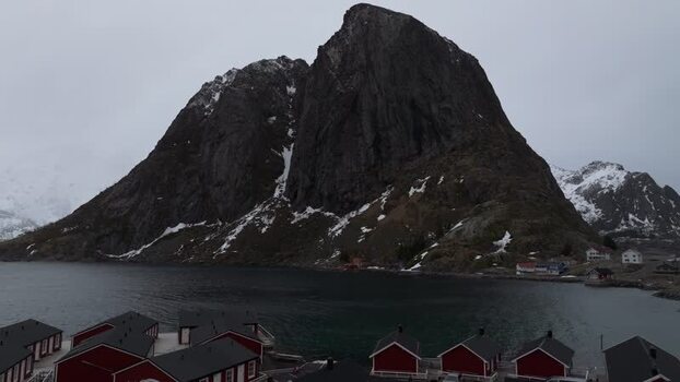 Aerial view of Lofoten coastal village in Vagan Municipality Norway.