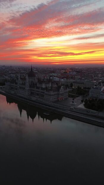 Aerial view of the Hungarian Parliament Building in Budapest Hungary.