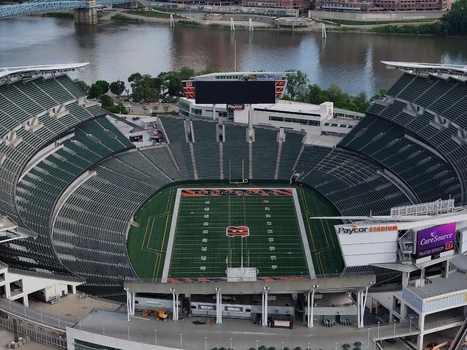 Cincinnati United States 25 April 2026 Aerial view of Paycor Stadium with its green seating and football field overlooking the Ohio River. Cincinnati United States 25 April 2026 Aerial view of Paycor Stadium with its green seating and football field overlooking the Ohio River.