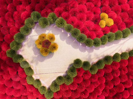 Aerial view of incense sticks drying in vibrant red green and yellow patterns on a sunny day in Vietnam. Aerial view of incense sticks drying in vibrant red green and yellow patterns on a sunny day in Vietnam.