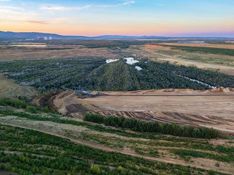 Aerial view of lignite mine near Halmajugra at Matra plant site at sunset