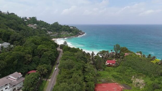 Aerial view of coastal road on Mahe island Seychelles.