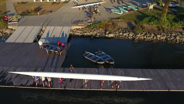 Aerial view of rowing shell on a dock in Poughkeepsie United States.