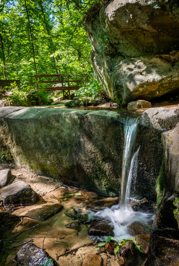 View of a small waterfall cascading over mossy sandstone rocks into a clear pool at Pickle Springs Natural Area surrounded by lush green forest New Offenburg Missouri United States.
