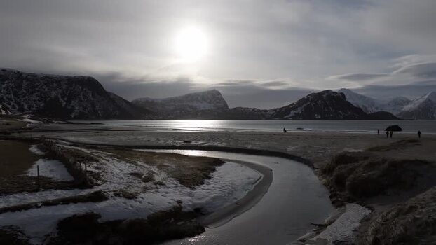 Aerial view of Lofoten mountains and beach in Vagan Norway.