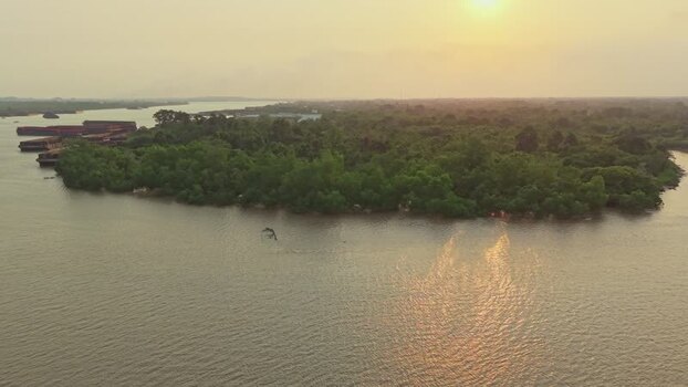 Aerial view of Delta Mahakam river landscape at sunset Indonesia.