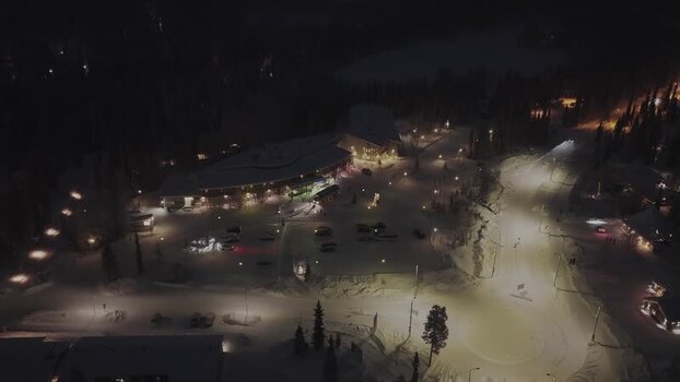 Aerial view of Luosto resort at night Finland.
